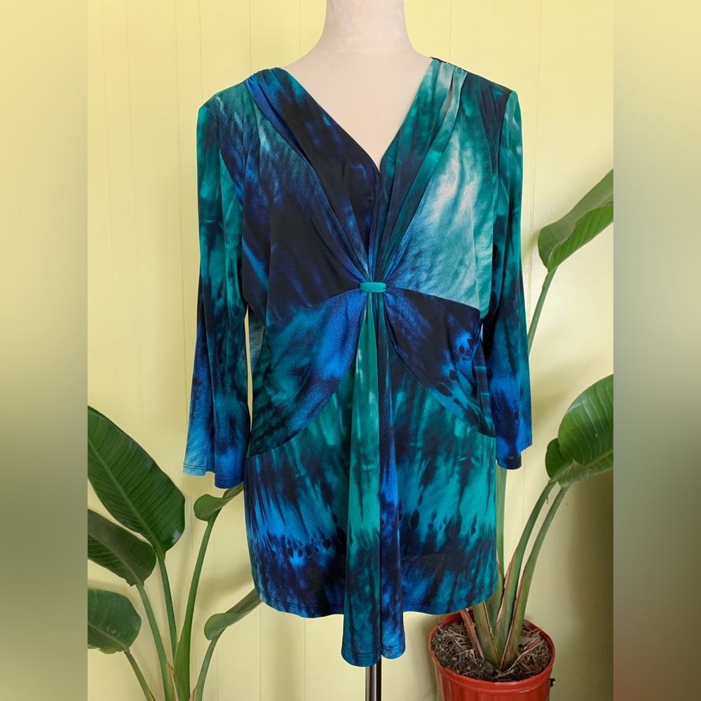 Dressbarn Tie Dyed, wrap Front Tee 3/4 sleeves Stretch Blouse XL Made in USA